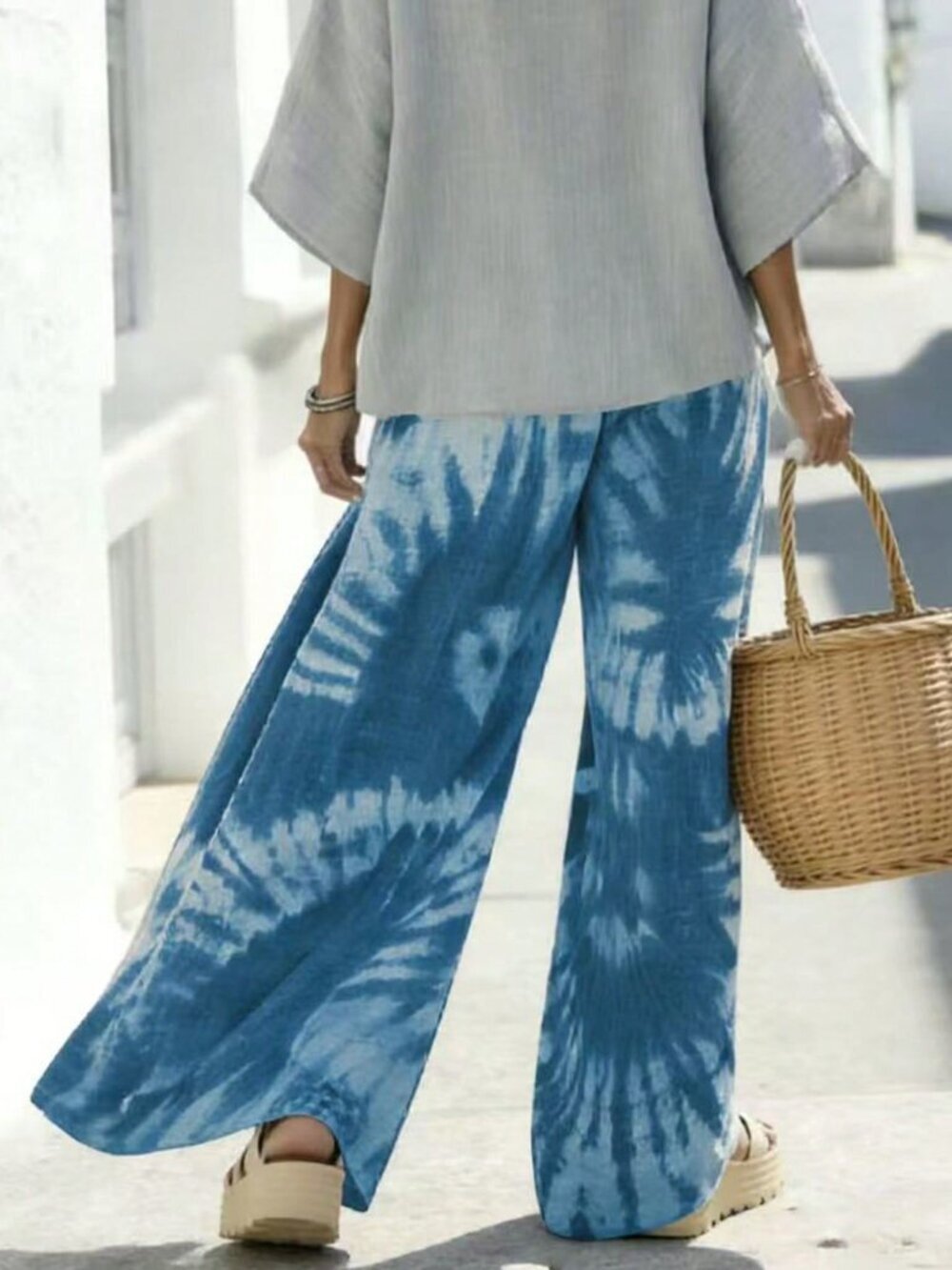 Blue Boho Women's Casual Tie-Dye Loose Wide-Leg Pants - Picture 2 of 3